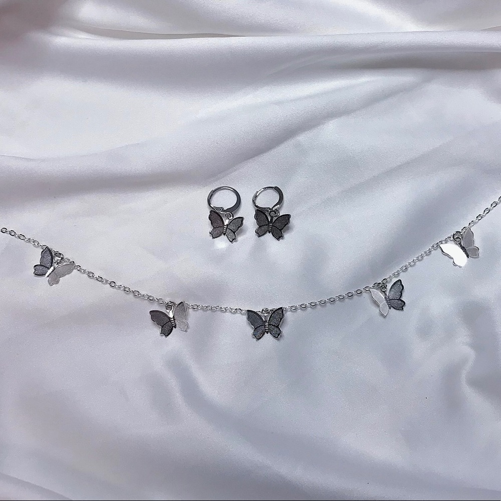 Silver Butterfly Choker Necklace and Earrings Set